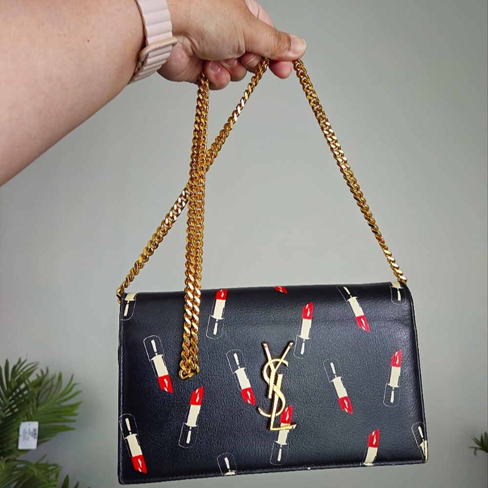 Yves Saint Laurent Black and Red Wallet with Lipstick Print